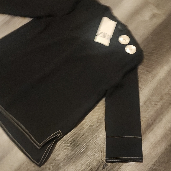 ZARA WOMENS BLACK BLOUSE SIZE XXS WHITE BUTTONS QUARTER SLEEVE - Picture 3 of 5